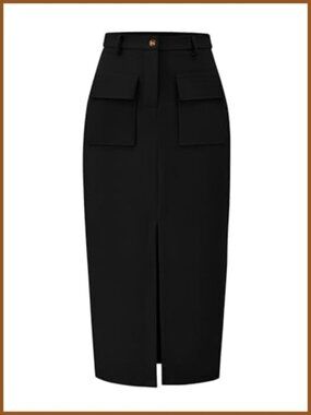 High Waist Cargo Midi Pencil Skirt with Front Slit Pockets Work Office